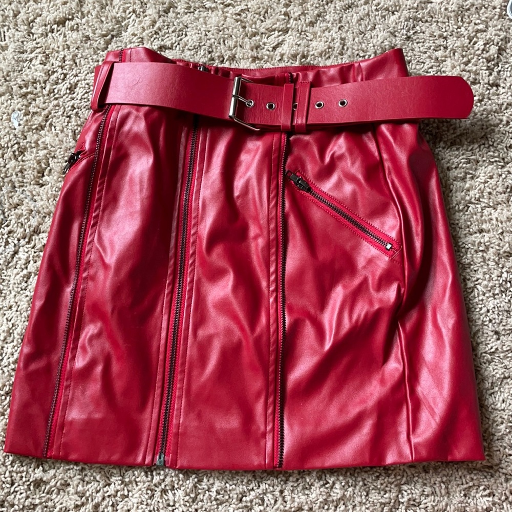 Red Leather Zip Up Mini Skirt